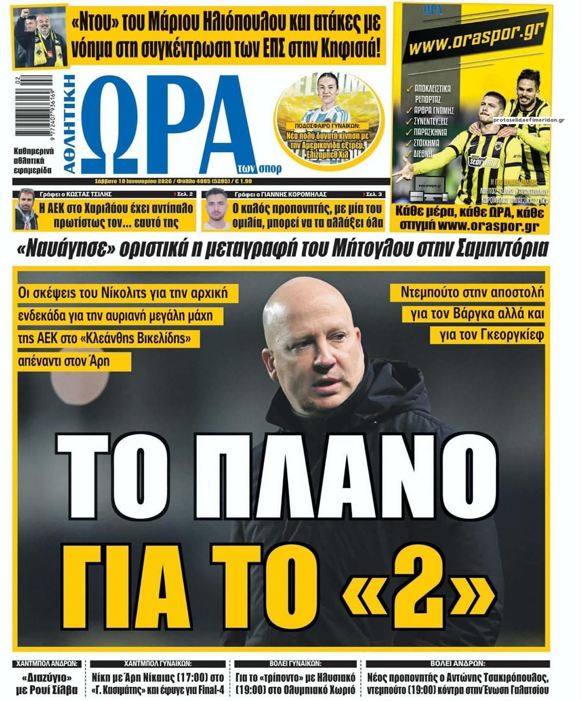 Πρωτοσέλιδο Ώρα των Σπορ - 10/01/2026