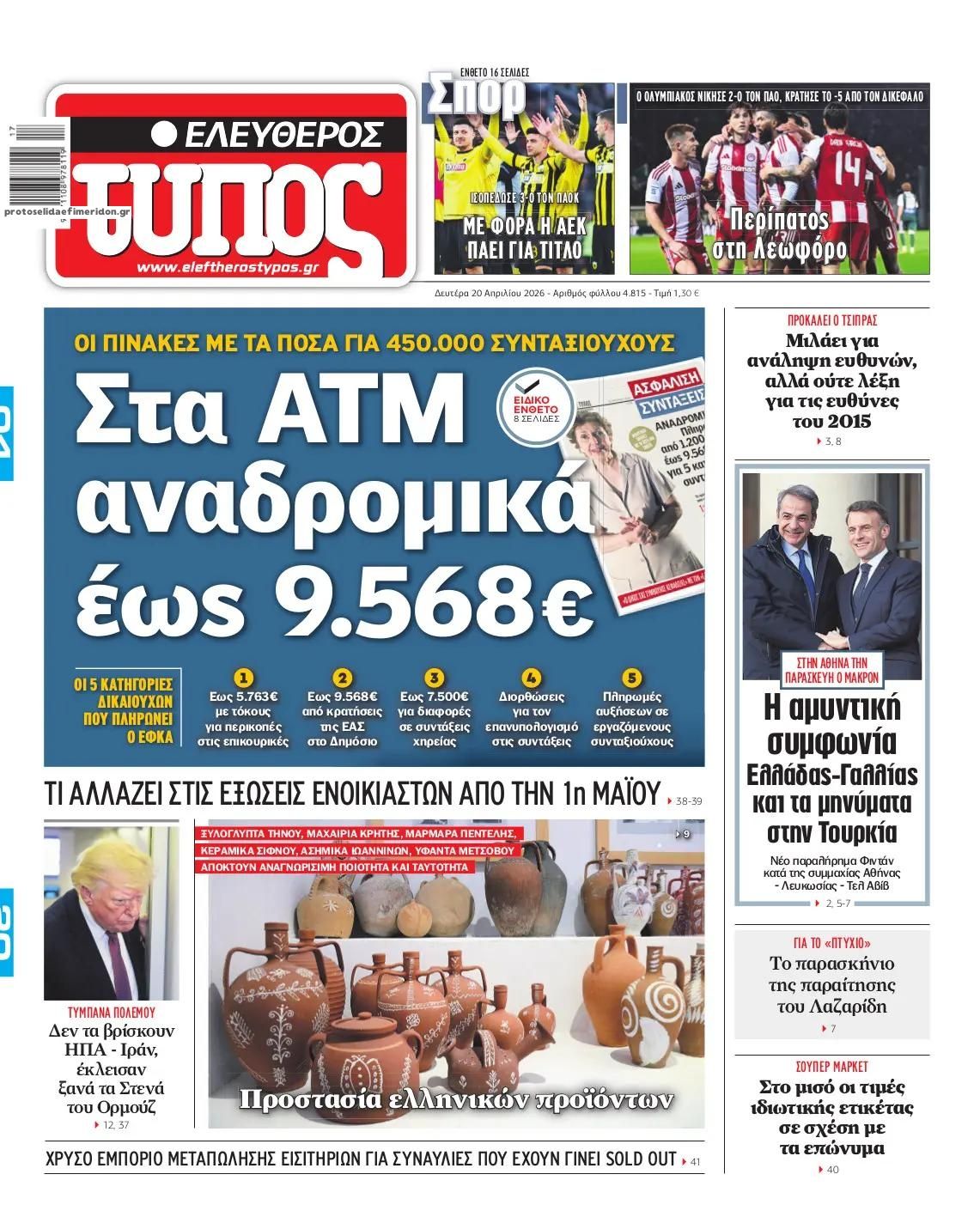 Πρωτοσέλιδο Ελεύθερος Τύπος - 20/04/2026