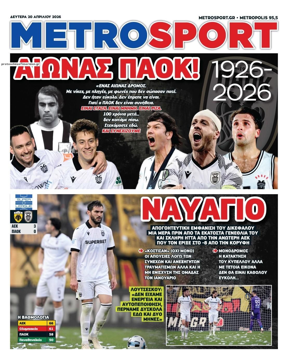 Πρωτοσέλιδο Metro Sport - 20/04/2026