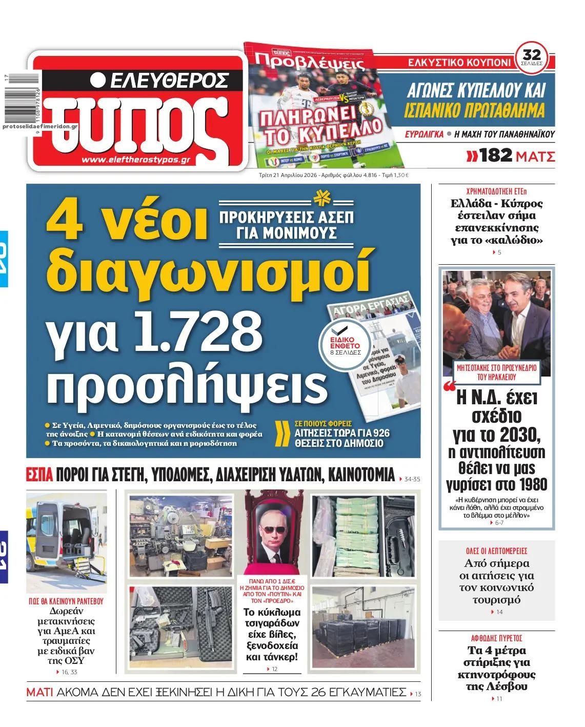 Πρωτοσέλιδο Ελεύθερος Τύπος - 21/04/2026