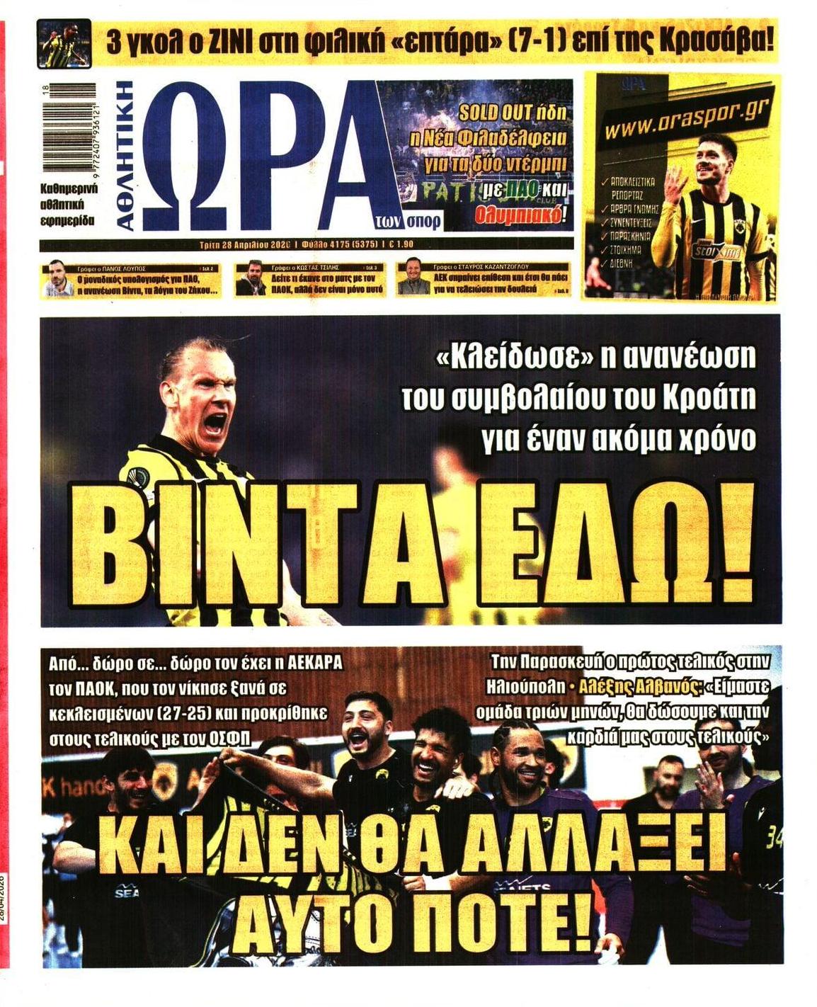Πρωτοσέλιδο Ώρα των Σπορ - 28/04/2026