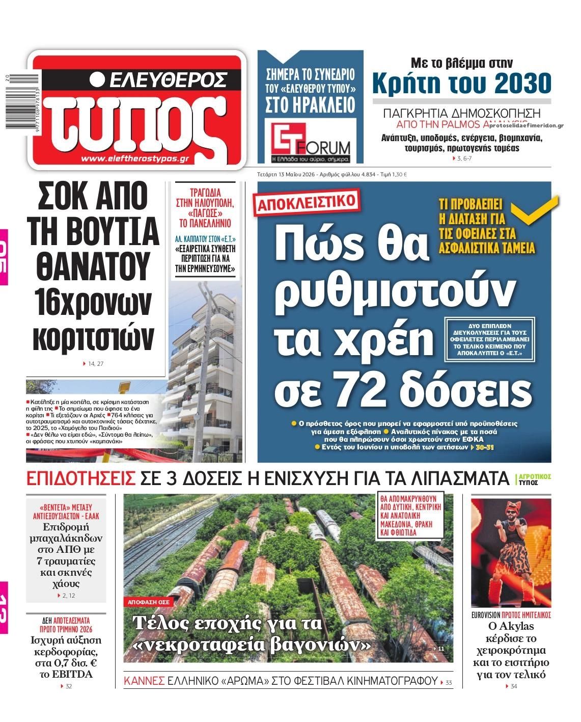 Πρωτοσέλιδο Ελεύθερος Τύπος - 13/05/2026