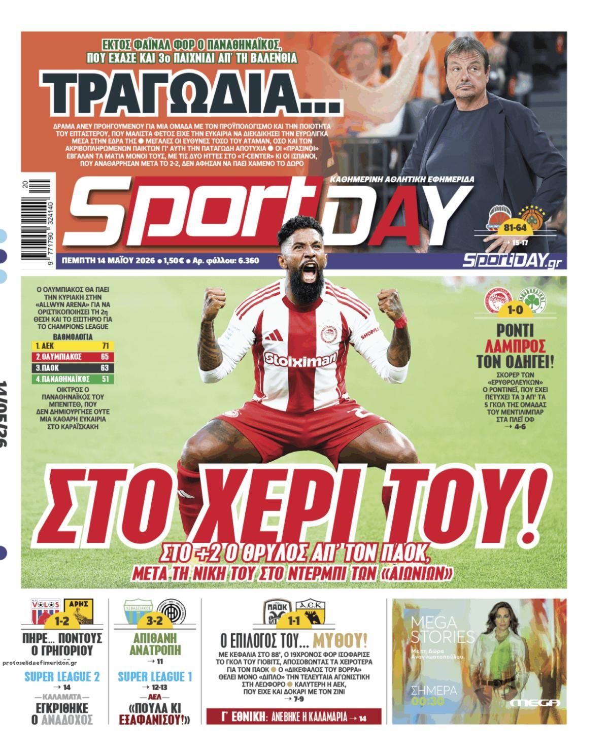 Πρωτοσέλιδο Sportday - 14/05/2026