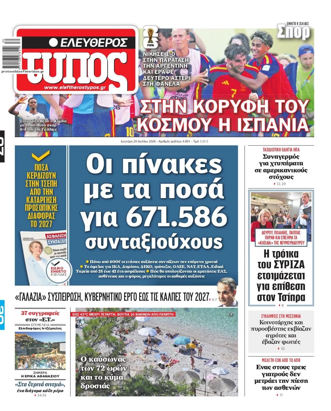 Πρωτοσέλιδο Ελεύθερος Τύπος - 20/07/2026