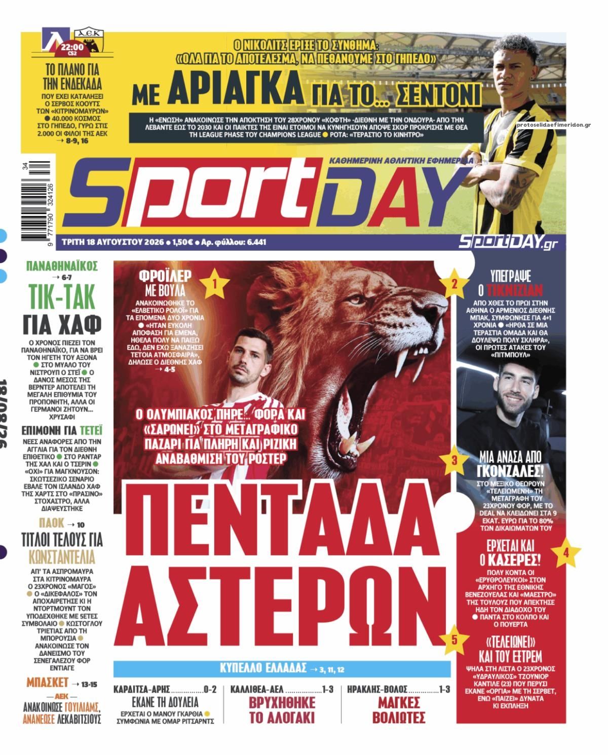 Πρωτοσέλιδο Sportday - 18/08/2026