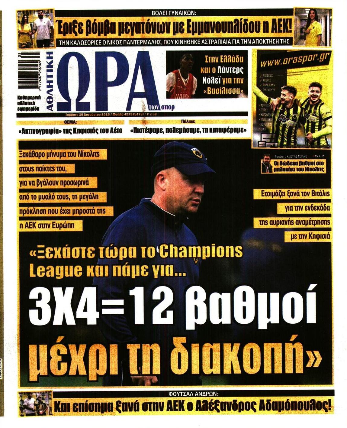 Πρωτοσέλιδο Ώρα των Σπορ - 29/08/2026