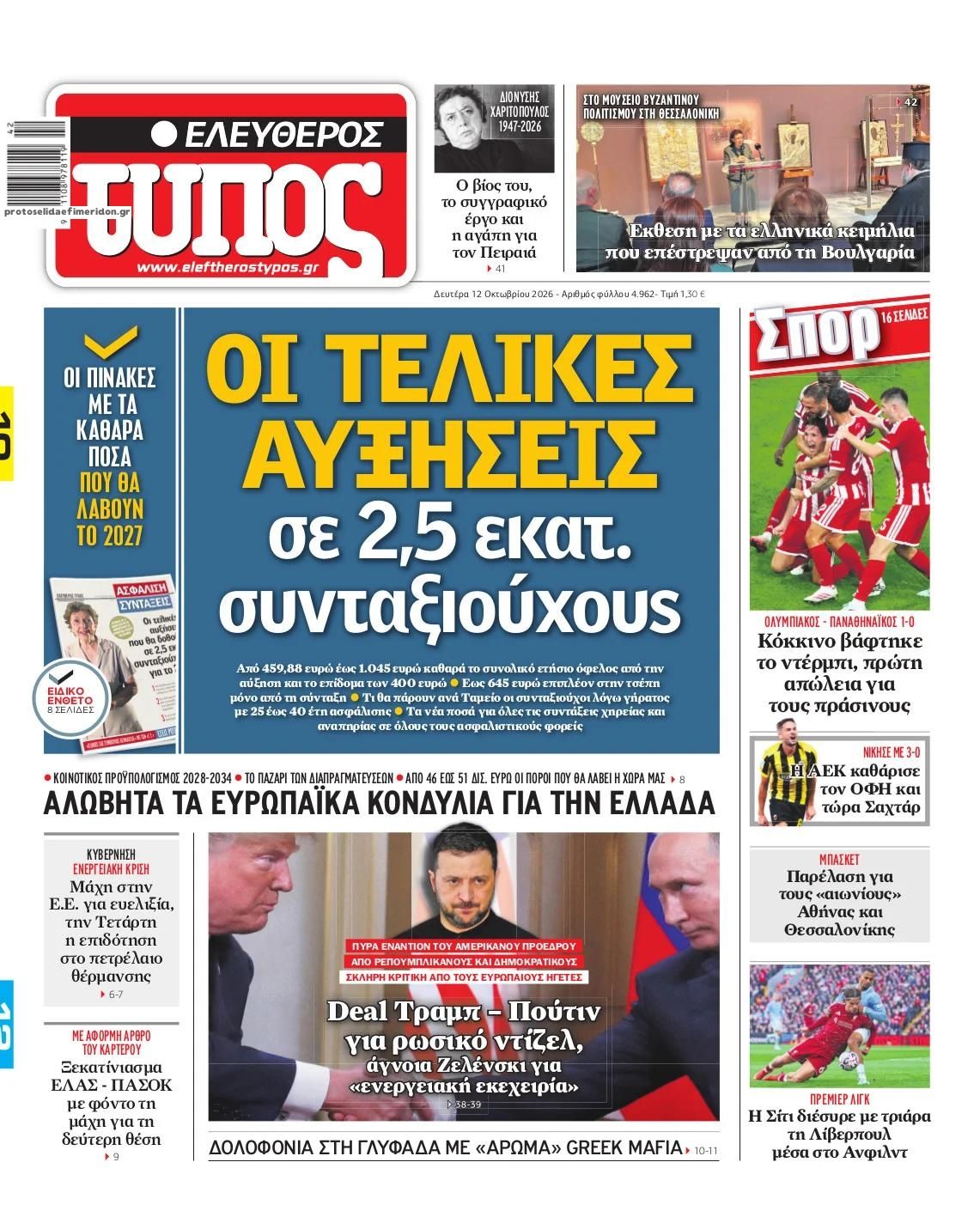 Πρωτοσέλιδο Ελεύθερος Τύπος - 12/10/2026