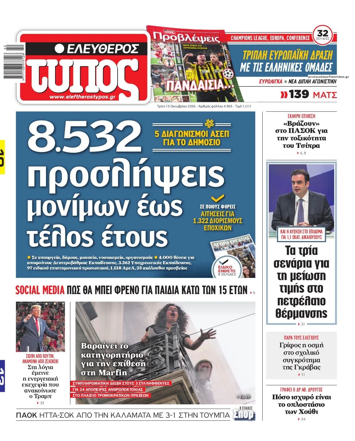 Πρωτοσέλιδο Ελεύθερος Τύπος - 13/10/2026