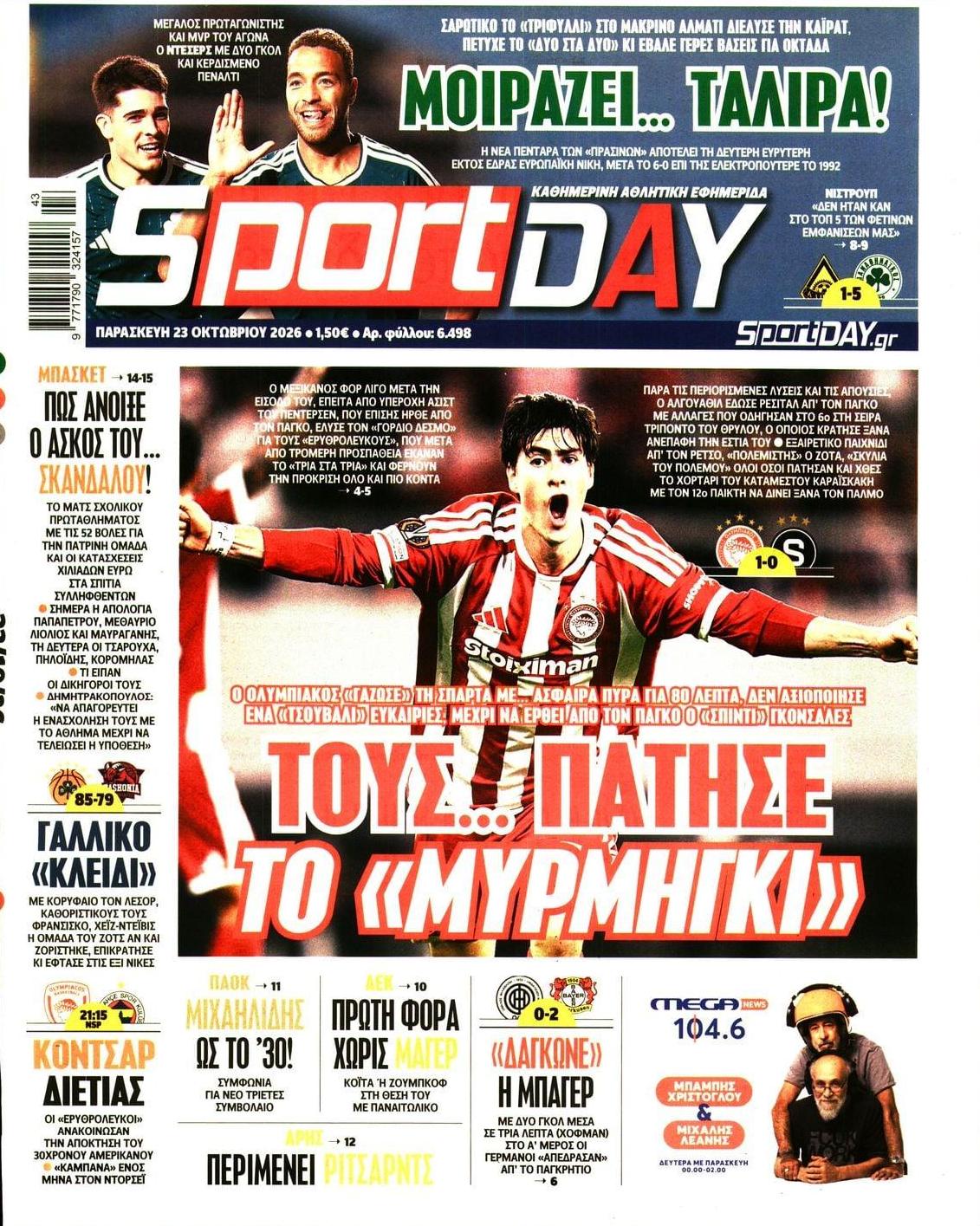 Πρωτοσέλιδο Sportday - 23/10/2026