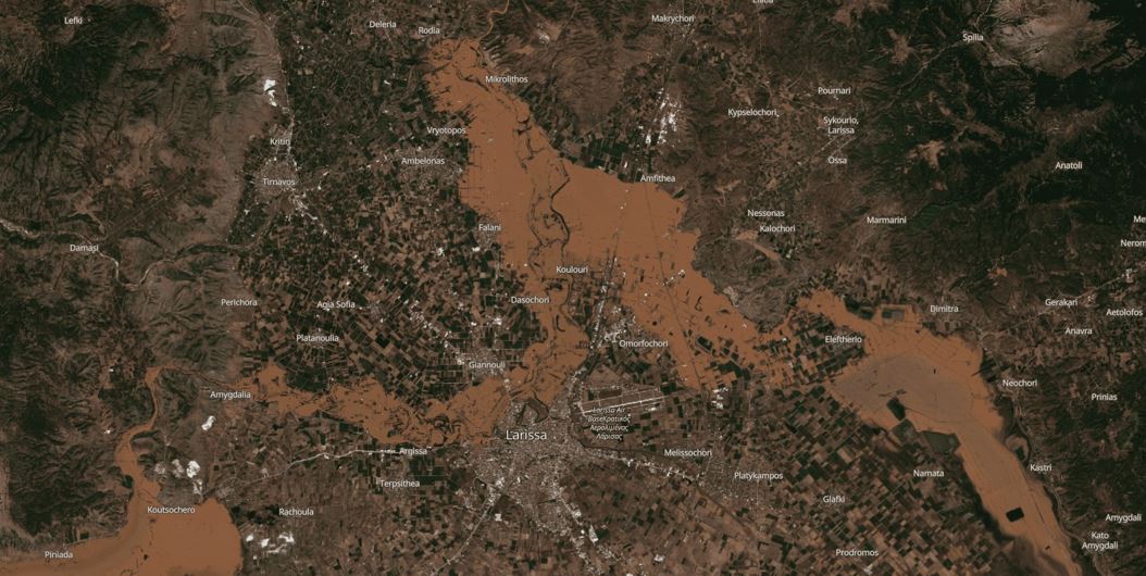 Θεσσαλικός κάμπος πλημμύρες Σεπτέμβριος 2023 δορυφορική εικόνα